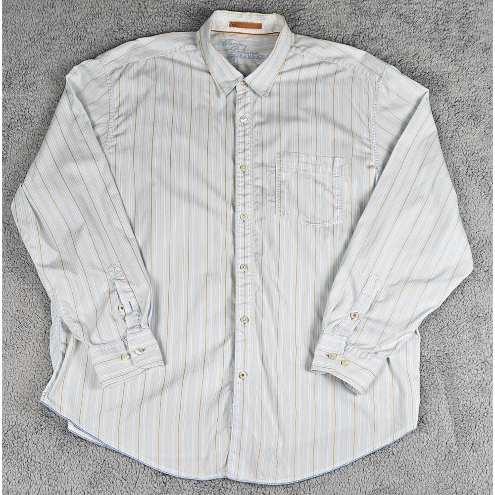 Tommy Bahama Jeans Men's XXL Shirt Light Blue Tan Stripe Cotton Button Front